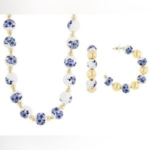 Blue Beaded Floral Gold Tone Necklace & Earring Set